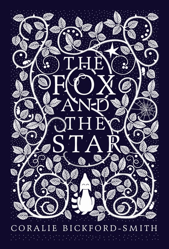 Boekomslag van 'The Fox and the Star' met sierlijke witte ranken, bladeren, doornen en een vosje. Titel en auteur in witte letters.