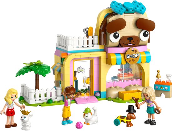 Set LEGO Friends de boutique d'accessoires pour animaux aux couleurs rose, jaune et bleu, toit en forme de tête de chien.