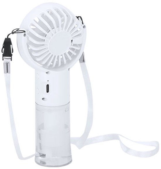 USB oplaadbare handventilator met vernevelaar 20 ml, 4 snelheden, compact, draagkoord, wit