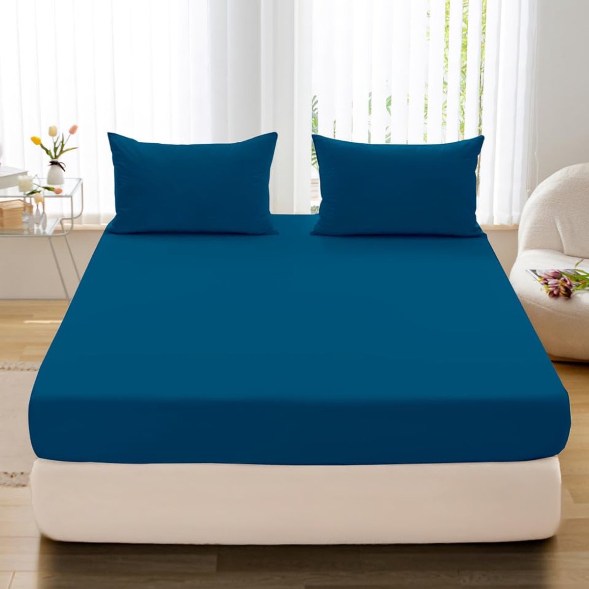 My Ninki ® Zacht en Ademend Hoeslaken van 100% Katoen voor Matrassen tot 25 cm Hoogte blauw