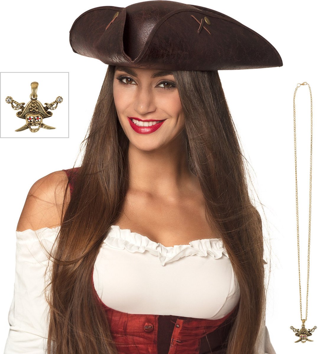 Boland Verkleedkleding set piratenhoed - bruin - met gouden piraten thema ketting - Piraten feest accessiores - dames/heren