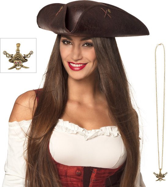 Boland Verkleedkleding set piratenhoed - bruin - met gouden piraten thema ketting - Piraten feest accessiores - dames/heren