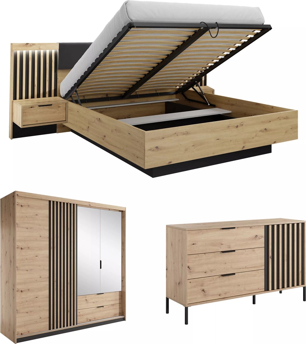 Vente-unique Set bed met opbergruimte en nachtkastjes 160 x 200 cm + ladekast + kast - Kleur: naturel en zwart - ARIADA