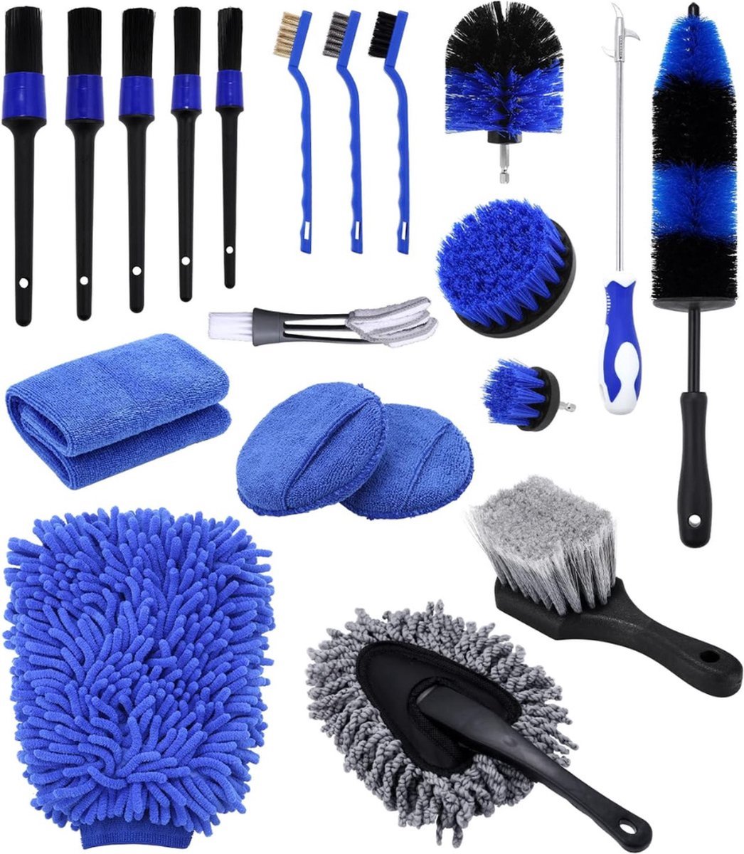 Set van 20 autoreinigingskwasten met detailing-borstels, boorborstels, bandenborstel, velgenborstel, washandje voor autowielen, wassen, motor, aluminium velg, auto, interieur, buitenruimte