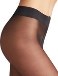 Gedetailleerde weergave van de tailleband van een zwarte, doorschijnende panty.