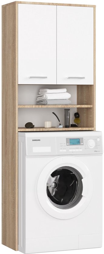 Lave-linge Samsung blanc avec une armoire supérieure en chêne Sonoma, 2 portes blanches et étagères ouvertes.
