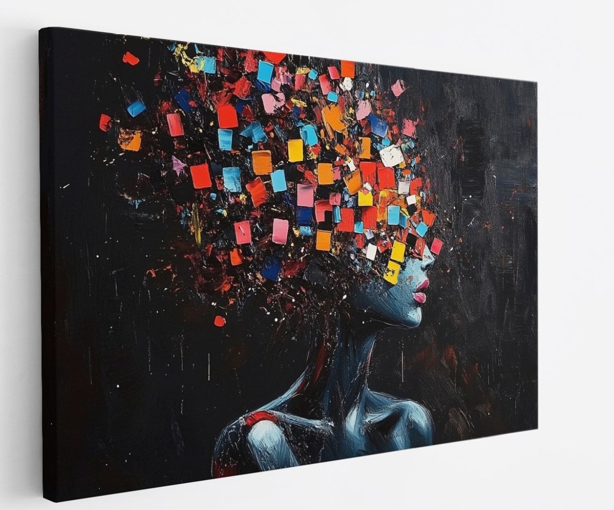 Saammp Canvas Schilderij - Abstract - Gezicht van kleurrijke blokjes - 70x50 - Foto op canvas - Wanddecoratie - Muurdecoratie Woonkamer - Slaapkamer decoratie - Canvas Print Multicolor