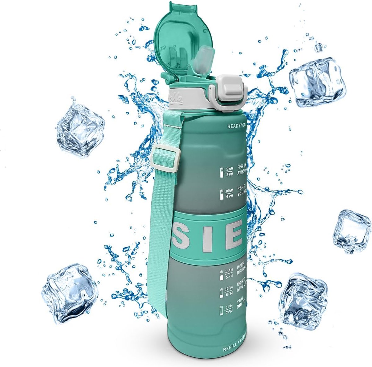Pluto® - Drinkfles Met Rietje - Motiverende Tijd Marker - BPA-Vrij - Lekvrij - Waterfles perfect voor school, Office, Sporten, Fietsen -1 Liter - Lichtgroen en Wit