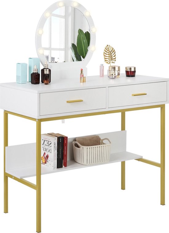 Modern kaptafel met spiegel en LED-verlichting, 3 verstelbare verlichtingsmodi, make-uptafel met laden en ruime opslag, draagbaar en ruimtebesparend ontwerp voor slaapkamer, make-upkamer, meisjes en