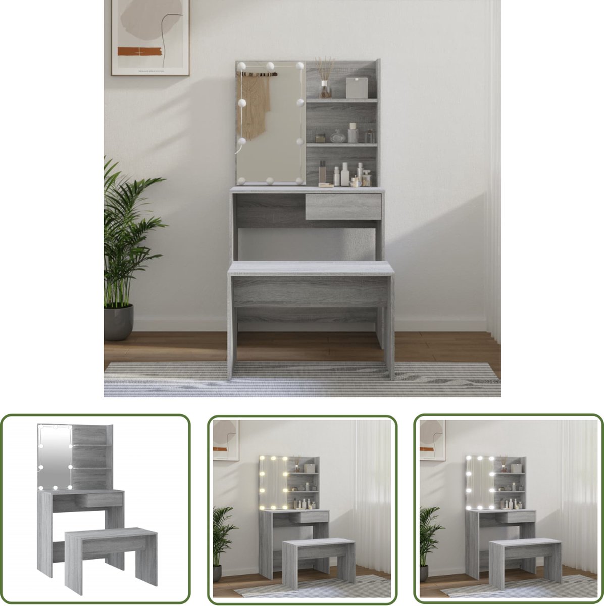 vidaXL - Kaptafel - Zwart - Eiken - Met Spiegel