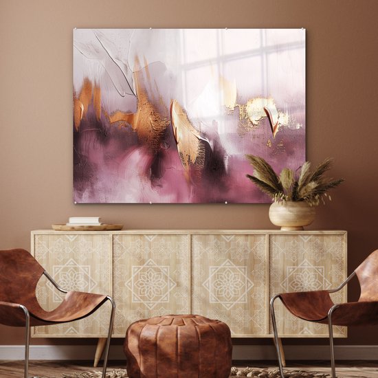 MuchoWow® Glasschilderij 120x90 cm - Schilderij acrylglas - Paars - Abstract - Verf - Goud - Foto op glas - Muurdecoratie woonkamer - Wanddecoratie slaapkamer - Schilderijen