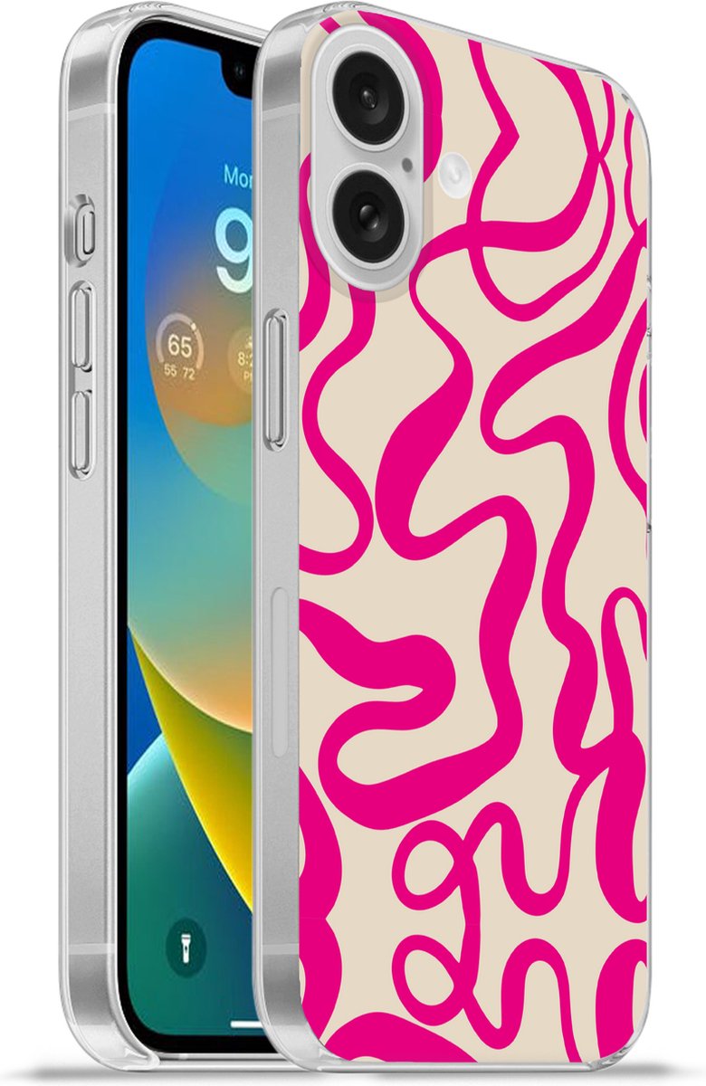 Telefoonhoesje Geschikt voor Apple Iphone 16 hoesje - Lijnen - Roze - Beige - Abstract - Minimalistisch - Siliconen Telefoonhoesje Telefoonhoesje