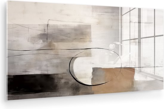 MuchoWow® Glasschilderij 80x40 cm - Schilderij acrylglas - Abstracte kunst - Industrieel - Wit - Grijs - Foto op glas - Muurdecoratie woonkamer - Wanddecoratie slaapkamer - Schilderijen