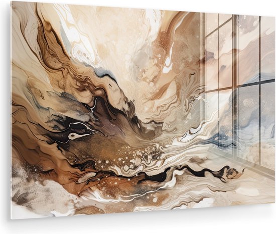 Abstract schilderij met bruine, beige en gouden tinten, met verfstreken en glinsterende details.