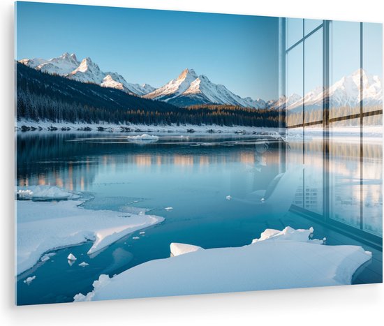 MuchoWow® Peinture sur verre 180x120 cm - Peinture sur verre acrylique - Paysage - Hiver - Lac - Montagnes - Vue - Glace - Photo sur verre - Décoration murale salon - Décoration murale chambre - Peintures