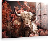 MuchoWow® Glasschilderij 180x120 cm - Schilderij acrylglas - Schotse hooglander - Dier - Natuur - Bloemen - Botanisch - Foto op glas - Muurdecoratie woonkamer - Wanddecoratie slaapkamer - Schilderijen