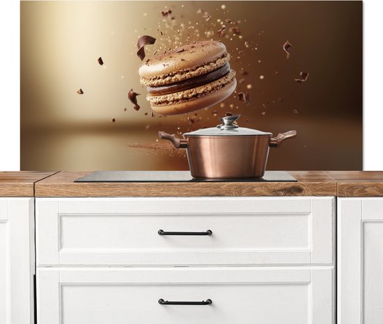 Foto: Spatscherm keuken 120x60 cm kookplaat achterwand chocolade macarons eten snoep muurbeschermer spatwand fornuis hoogwaardig aluminium