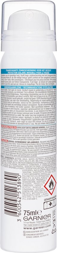 Garnier Ambre Solaire Over Make-up Super UV Mist SPF50 - met Glycerine, Vitamine E en Hyaluronzuur – Beschermt & Fixeert Make-up - 75ml