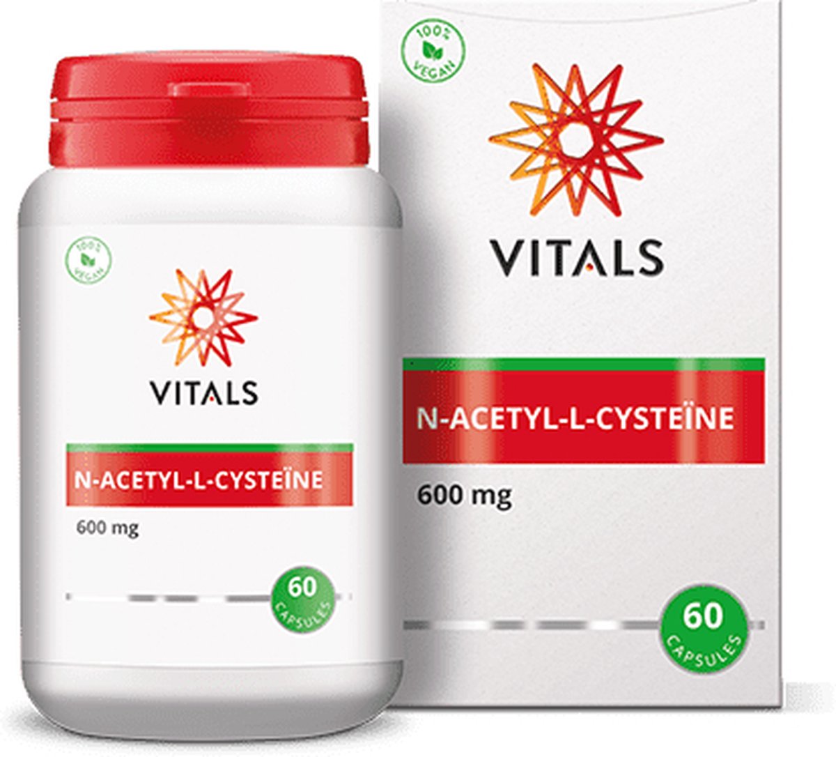 Goedkoopste Vitals N-acetyl-L-cysteïne 600 mg - 60 capsules - aminozuren. Geacetyleerde vorm van L-cysteïne in een plantaardige capsule.