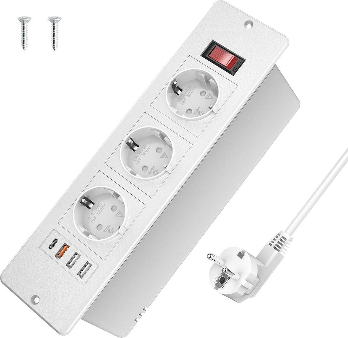 Tafelstopcontact met USB-C PD 20 W - Inbouwstopcontact met 3-voudige inbouwstekkerstrip - Bureau meervoudig stopcontact met schakelaar - 2 m kabel voor thuis kantoor - Wit