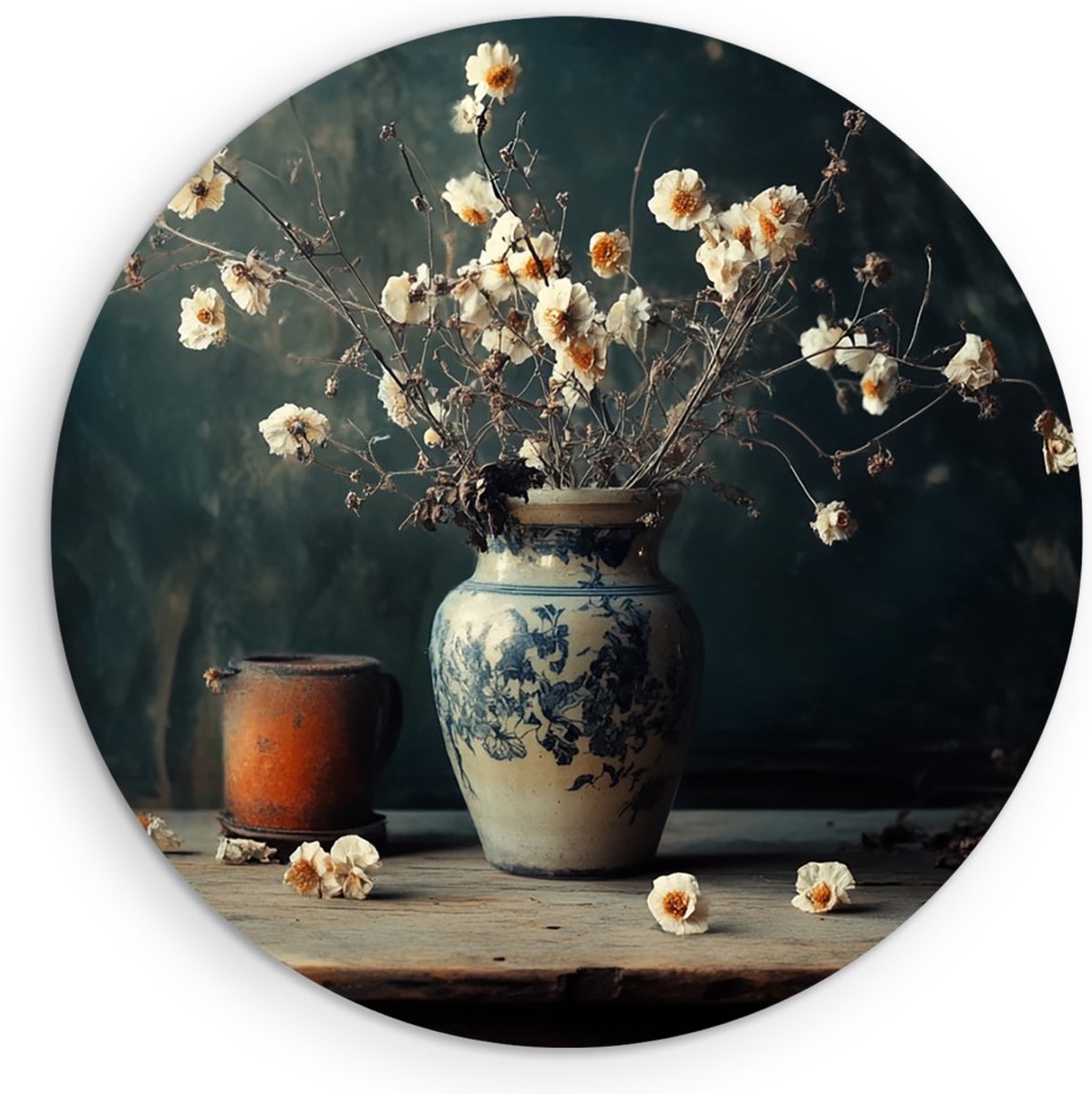 Saammp Muurcirkel Hout - Stilleven - Witte Bloemen - Natuur - Abstract - Ø 70 - Wandcirkel - Wanddecoratie Cirkel - Muurdecoratie Woonkamer - Kantoor Decoratie