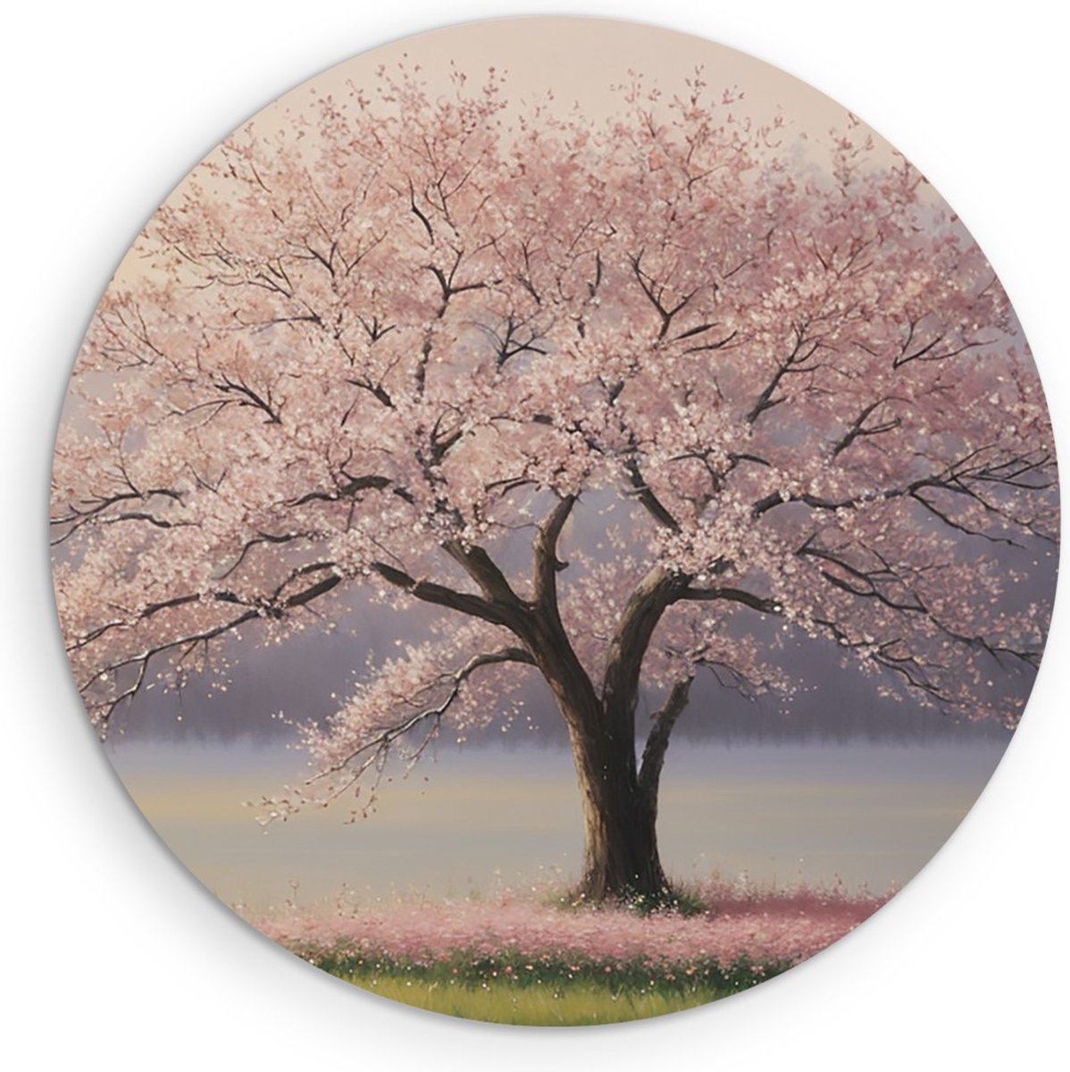 Saammp Muurcirkel Hout - Roze Boom - Natuur - Landschap - Ø 70 - Wandcirkel - Wanddecoratie Cirkel - Muurdecoratie Woonkamer - Slaapkamer decoratie - Rond Schilderij
