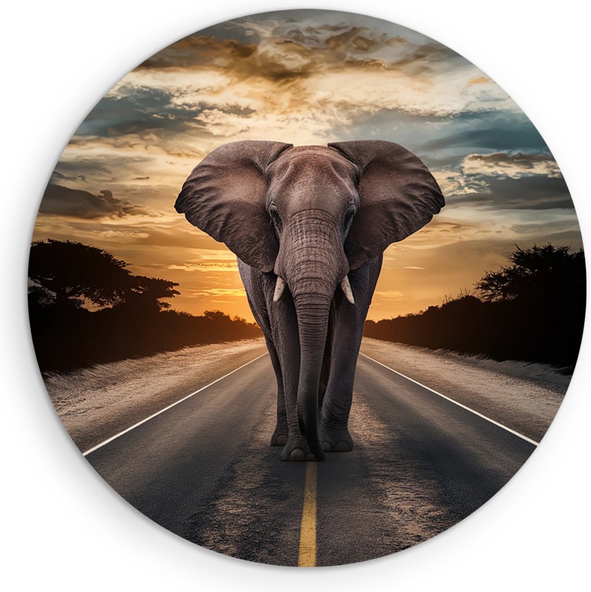 Saammp Forex Muurcirkel - olifant op de weg - Afrika - Dieren - Ø 70 - Wandcirkel - Wanddecoratie Cirkel - muurdecoratie Woonkamer - Slaapkamer decoratie - Rond Schilderij