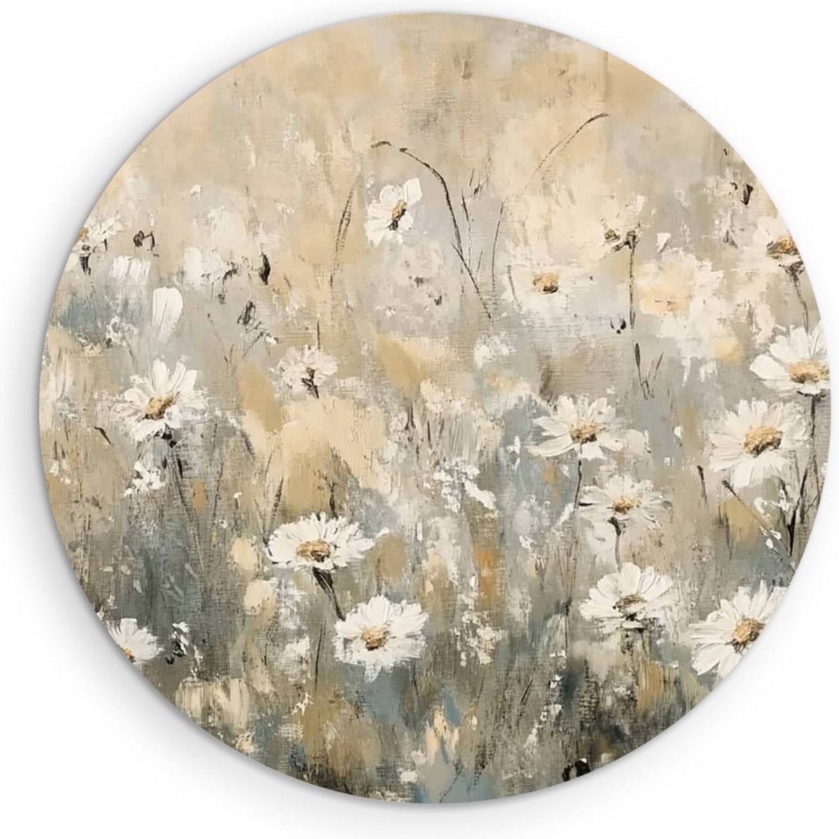 Saammp Muurcirkel Hout - Rustige Weide met Witte Madeliefjes - Natuur - Romantisch Abstract - Ø 30 - Wandcirkel - Wanddecoratie Cirkel - Muurdecoratie Woonkamer - Kantoor Decoratie
