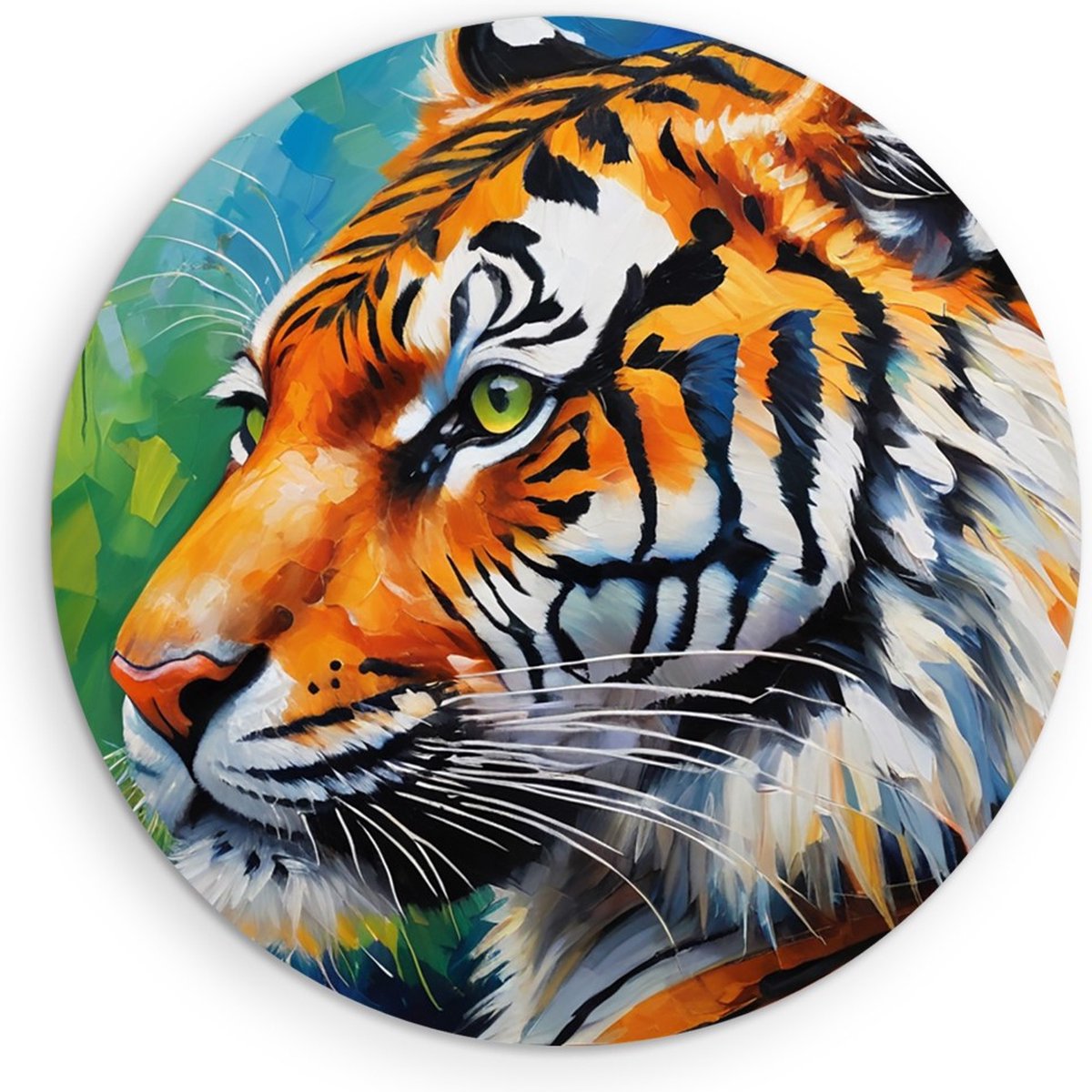 Saammp Muurcirkel Hout - Kleurrijke Tijger - Dieren - Abstract - Ø 70 - Wandcirkel - Wanddecoratie Cirkel - muurdecoratie Woonkamer - Slaapkamer decoratie - Rond Schilderij