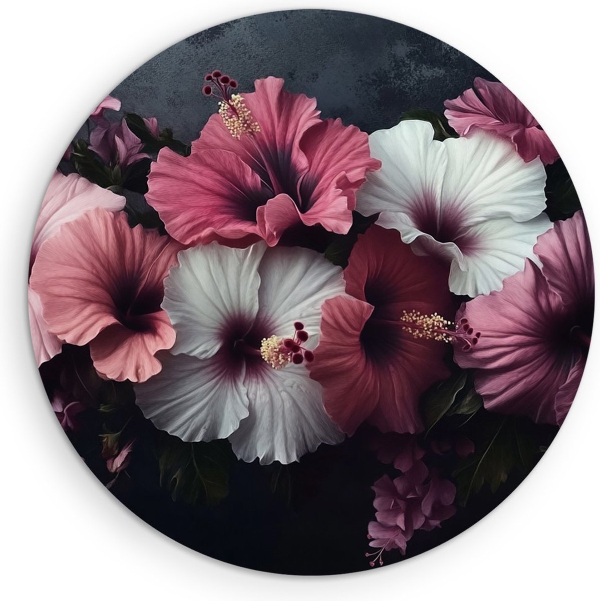 Saammp Muurcirkel Hout - Tropische Hibiscus in Pastel Tinten - Bloemen - Natuur - Ø 50 - Wandcirkel - Wanddecoratie Cirkel - Luxe Muurdecoratie Woonkamer
