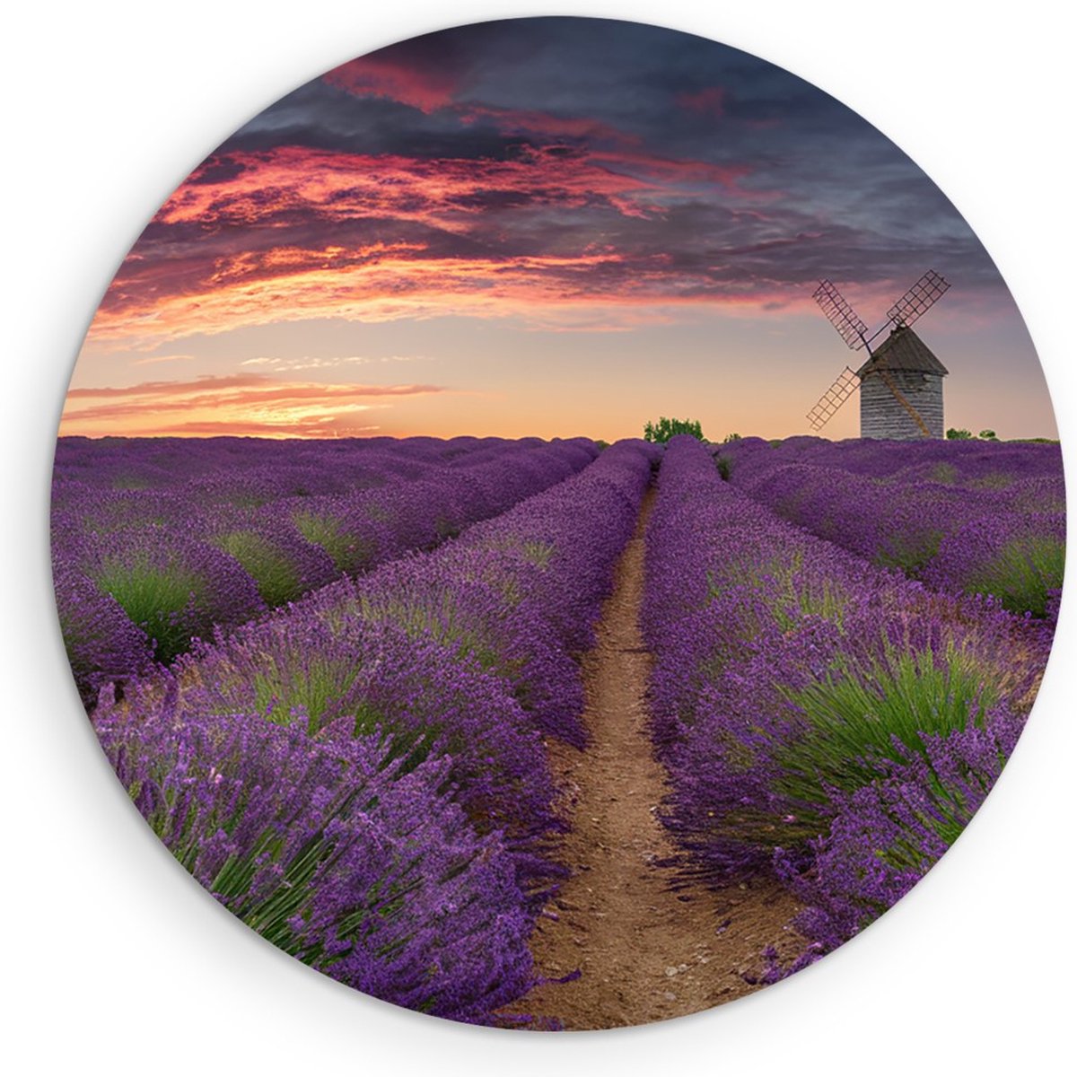 Saammp Muurcirkel Hout - Lavendel met mooie lucht en een molen - Natuur - Landschap - Ø 40 - Wandcirkel - Wanddecoratie Cirkel - Muurdecoratie Woonkamer - Slaapkamer decoratie - Rond Schilderij