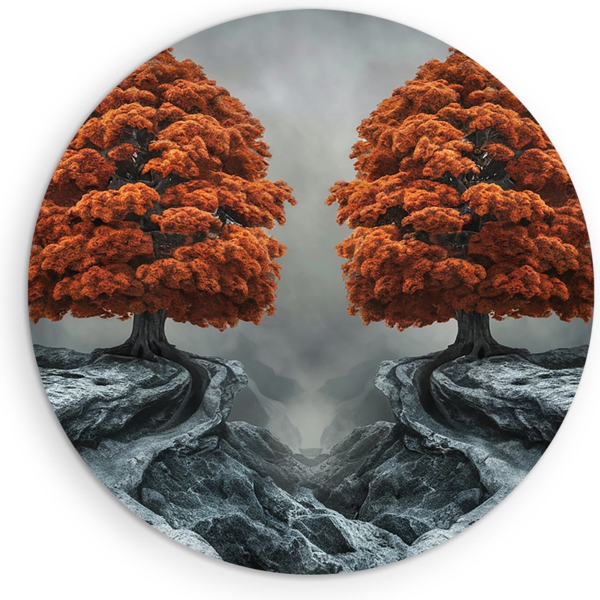 Saammp Forex Muurcirkel - 2 Oranje Bomen - Bloemen - Landschap - Natuur - Ø 90 - Wandcirkel - Wanddecoratie Cirkel - Muurdecoratie Woonkamer - Slaapkamer decoratie - Rond Schilderij