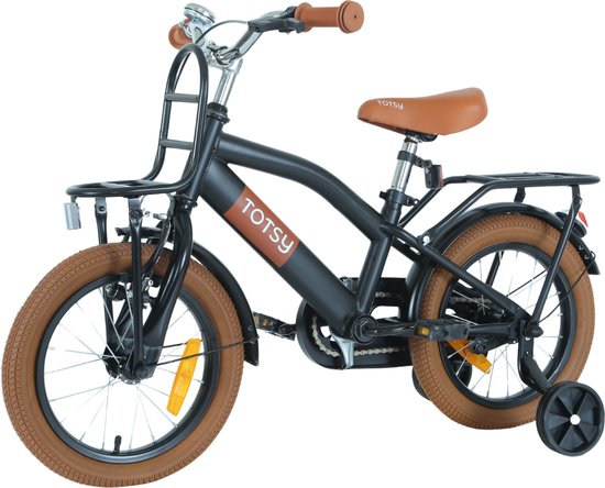 TOTSY Jongensfiets 14 inch – Kinderfiets – 3, 4 & 5 jaar – Zwart – 14 inch fiets – Inclusief Zijwieltjes