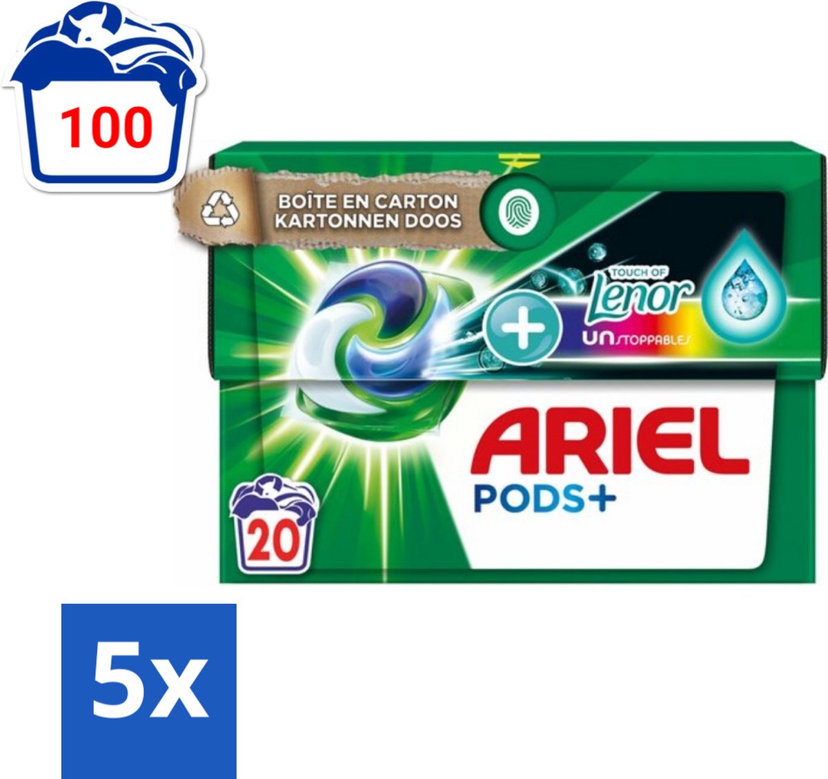 5 x Ariel Original - Touch of Lenor Unstoppables - Wasmiddelcapsules - Pods+ - Gekleurde Was - 20 Wasbeurten - Wasmiddel Capsules - Gekleurde Was - Frisse Geur - Koud Water Was - Vlekverwijdering