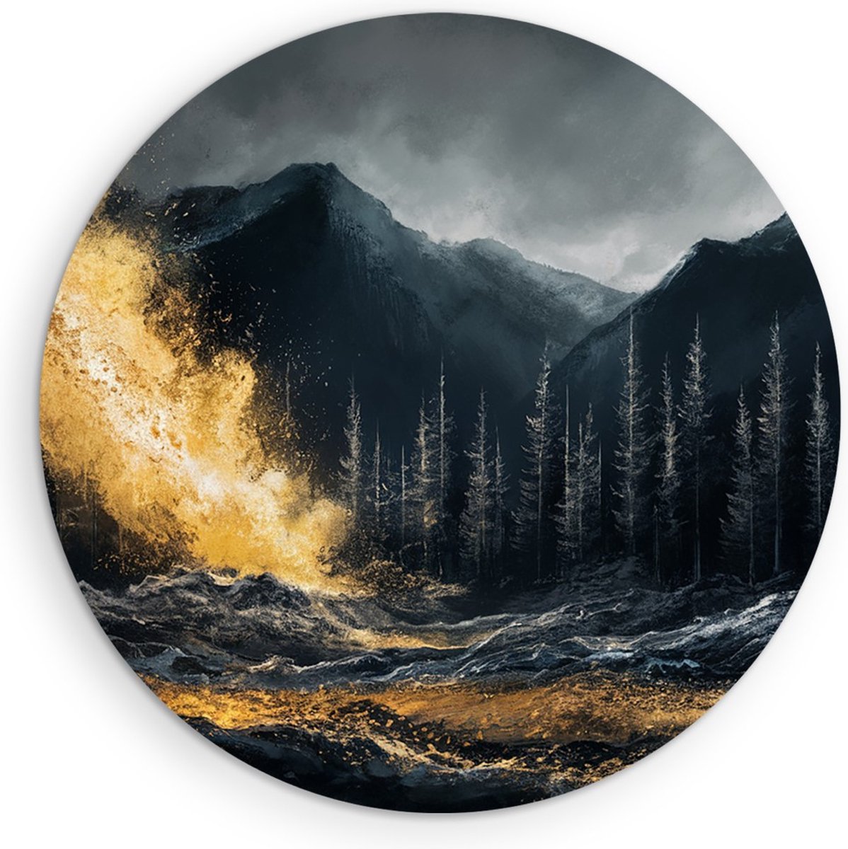 Saammp Muurcirkel Hout - goud - Abstract - bomen - Landschap - Natuur - Ø 90 - Wandcirkel - Wanddecoratie Cirkel - Muurdecoratie Woonkamer - Slaapkamer decoratie - Rond Schilderij