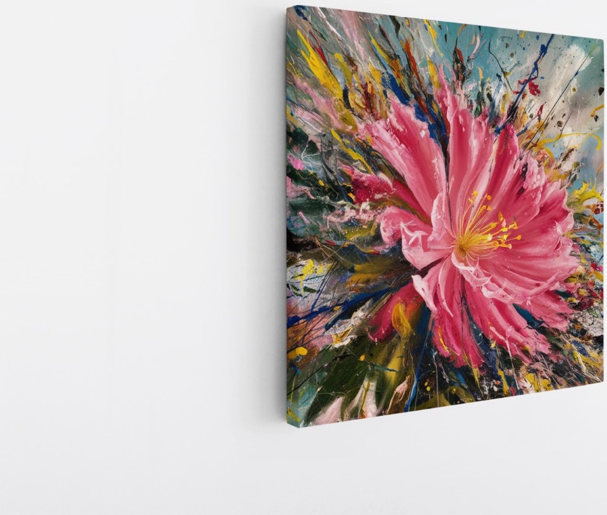 Saammp Canvas Schilderij - Roze Bloem met verfspetters - Abstract - 40x40 - Foto op canvas - Wanddecoratie - Muurdecoratie Woonkamer - Kantoor Decoratie Multicolor