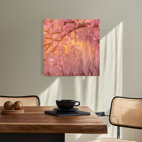 Saammp Canvas Schilderij - Roze bloesem met zonsondergang - Natuur - Landschap - 30x30 - Foto op canvas - Wanddecoratie - Muurdecoratie Woonkamer - Slaapkamer decoratie - Canvas Print