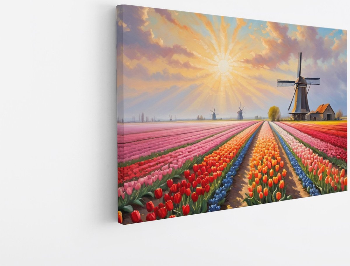 Saammp Canvas Schilderij - Landschap - Abstracte kleurrijke tulpen - Natuur - 150x100 - Foto op canvas - Wanddecoratie - Muurdecoratie Woonkamer - Slaapkamer decoratie - Canvas Print Multicolor