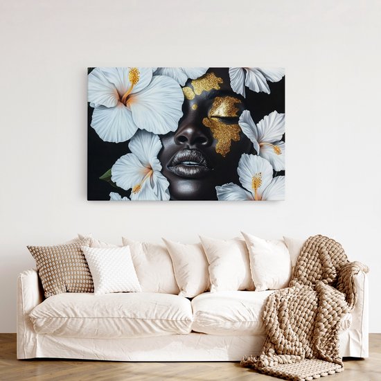 Saammp Canvas Schilderij - Abstract - Afrikaanse Vrouw - Witte Bloemen - 150x100 - Foto op canvas - Wanddecoratie - Muurdecoratie Woonkamer - Slaapkamer decoratie - Canvas Print