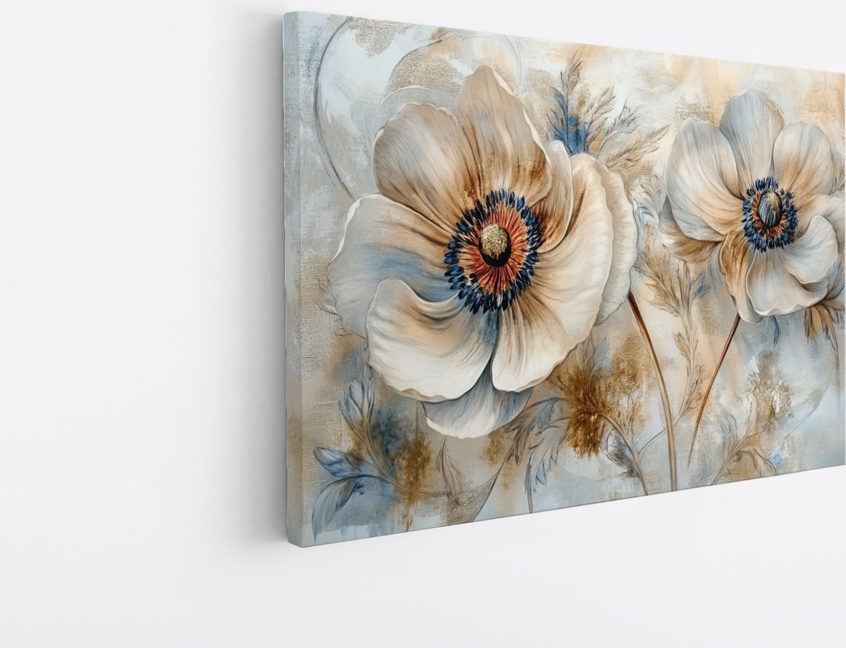 Saammp Canvas Schilderij - Romantische Bloementekening in Blauwe Pasteltinten - Luxe Decoratie - Foto op canvas - Geschikt voor Woonkamer en Kantoor - 30x20 Multicolor