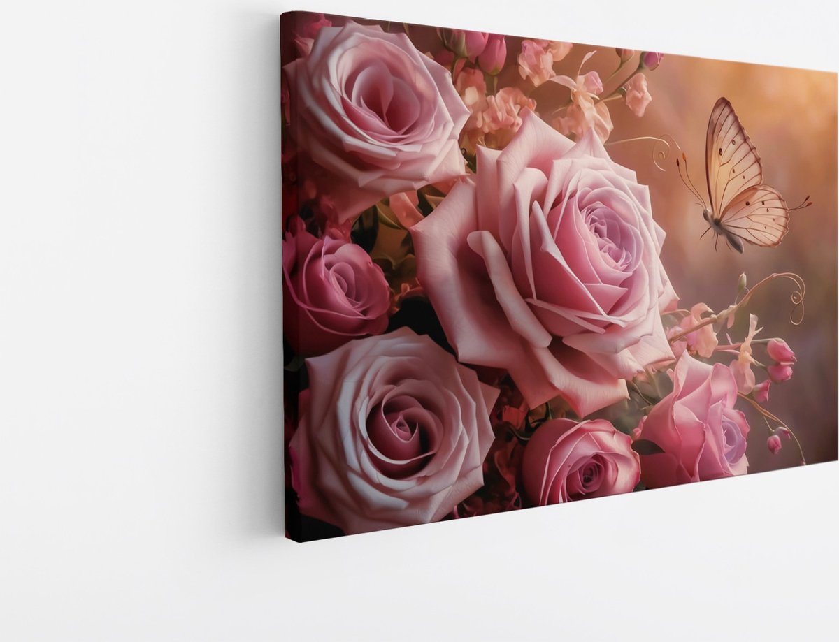 Saammp Canvas Schilderij - Romantische Bloemen - Rozen en Vlinder - 150x100 - Foto op canvas - Wanddecoratie - Muurdecoratie Woonkamer - Kantoor Decoratie Multicolor