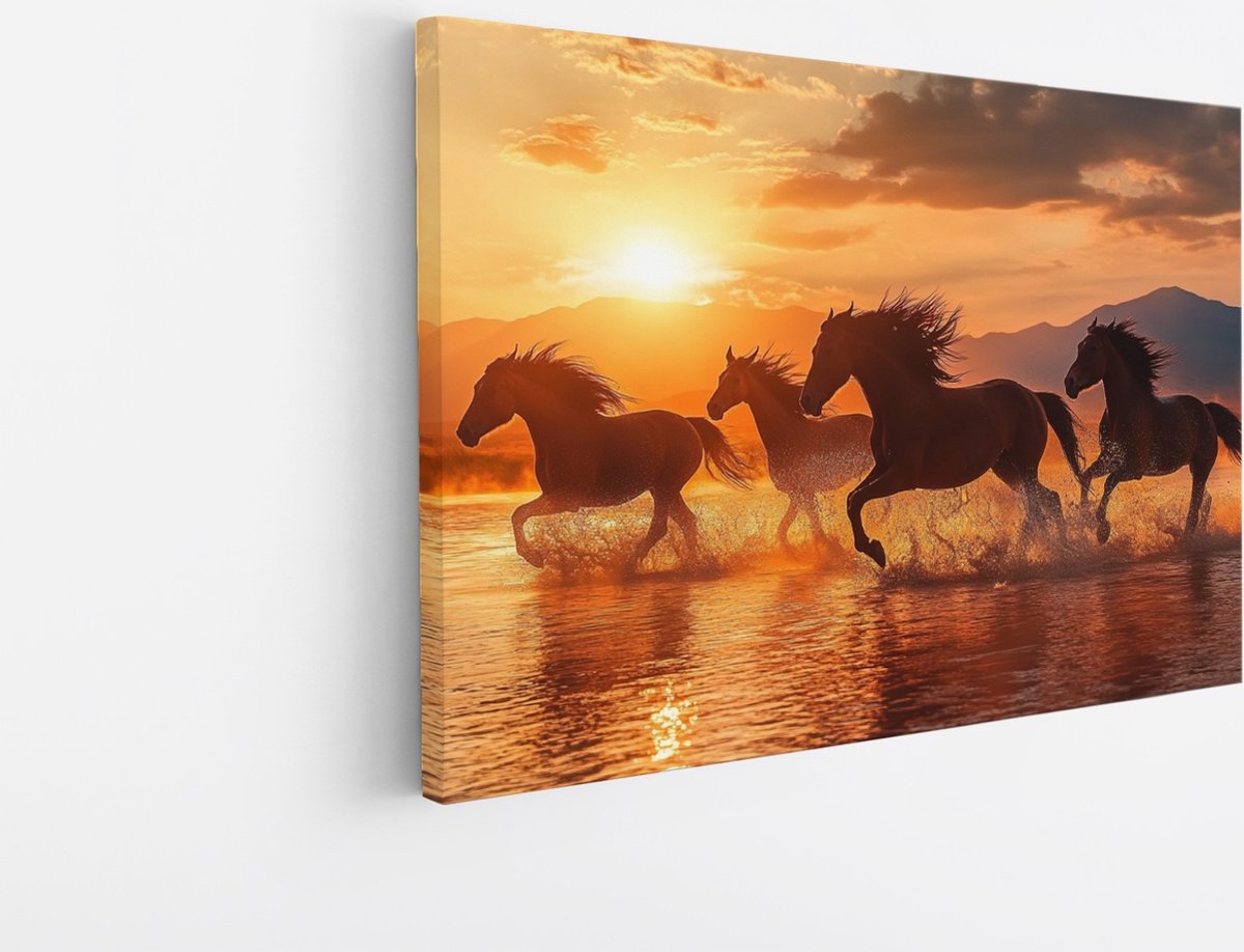 Saammp Canvas Schilderij - Rennende Groep Paarden - Dieren - Natuur - 45x30 - Foto op canvas - Wanddecoratie - muurdecoratie Woonkamer - Slaapkamer decoratie - Canvas Print Multicolor