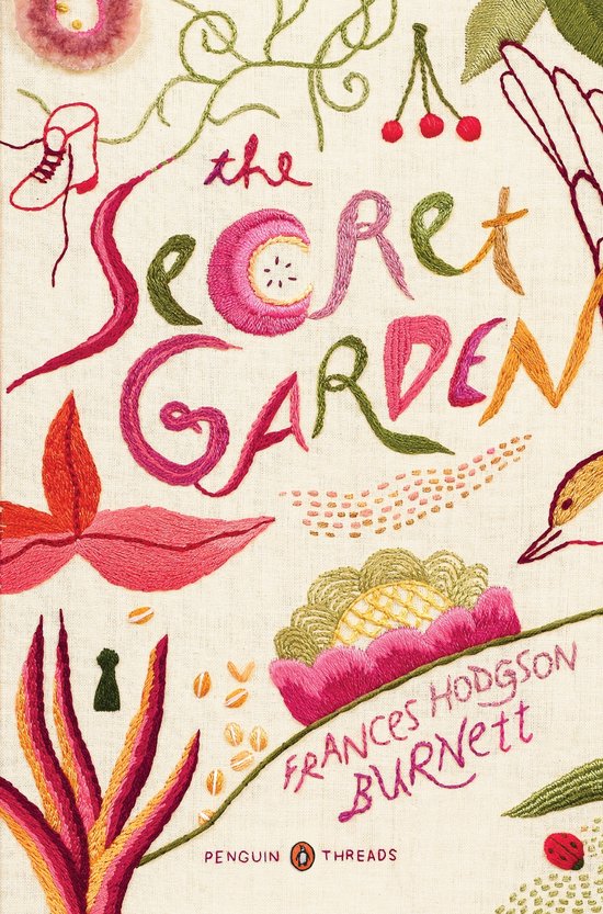Geborduurd omslag van 'The Secret Garden' met bloemen, een vogeltje en een sleutelgat.