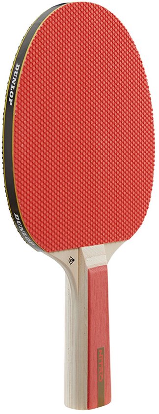 Tafeltennisbat met rood rubber aan één kant, zwart met rode logo aan de andere kant, en een roze handvat met DUNLOP logo.