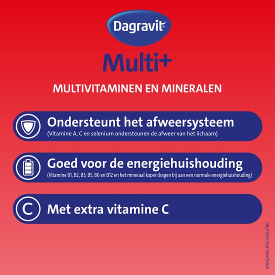 Dagravit Multi+: Multivitaminen en mineralen. Ondersteunt afweersysteem, goed voor energievehuishouding, met extra vitamine C.