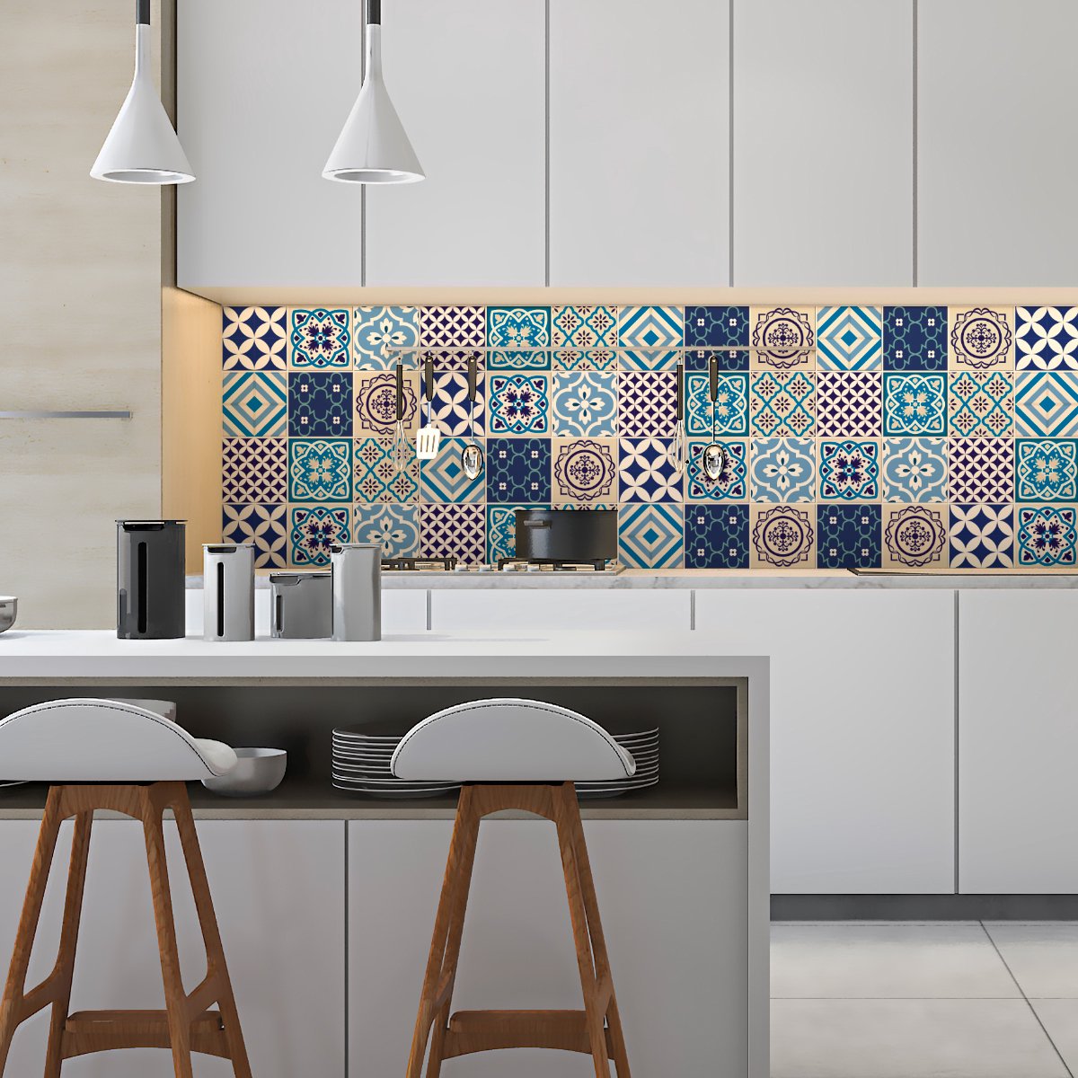 Ambiance Sticker Zelfklevende tegelmuurstickers voor keuken en badkamer - 9 Sandro Azulejo tegelstickers - 9 stickers van 15x15 cm Multi color