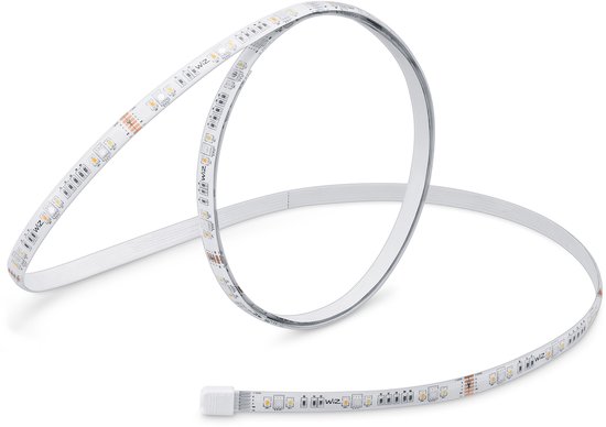 Een witte LED-strip opgerold, met kleine ledlampjes en het WiZ-logo.