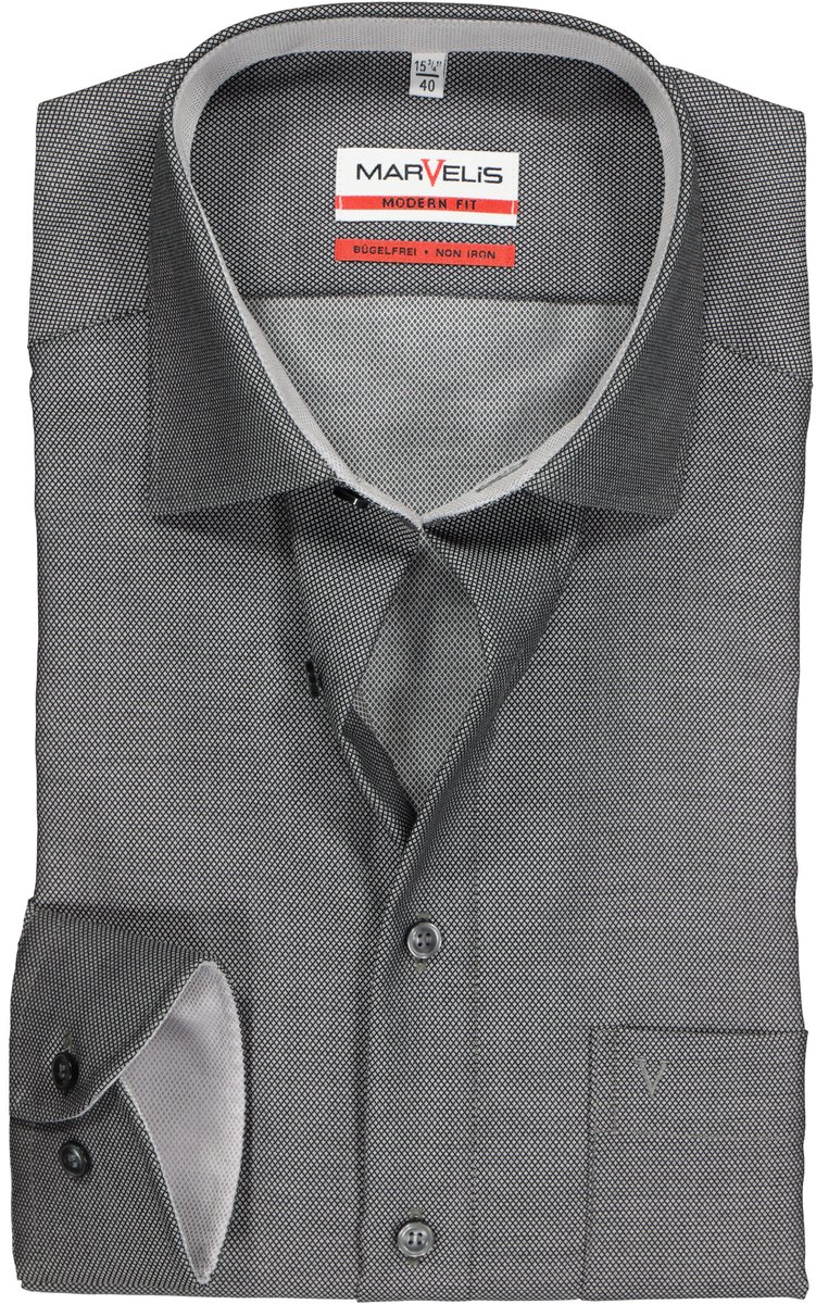 MARVELIS modern fit overhemd - zwart structuur (contrast) - Strijkvrij - Boordmaat: 41