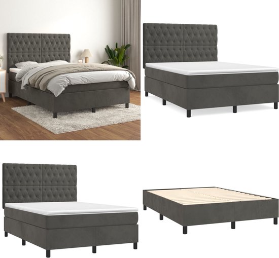 vidaXL Boxspring avec matelas Velours Gris foncé 140x190 cm - Boxspring - Sommiers - Lit - Meubles de couchage