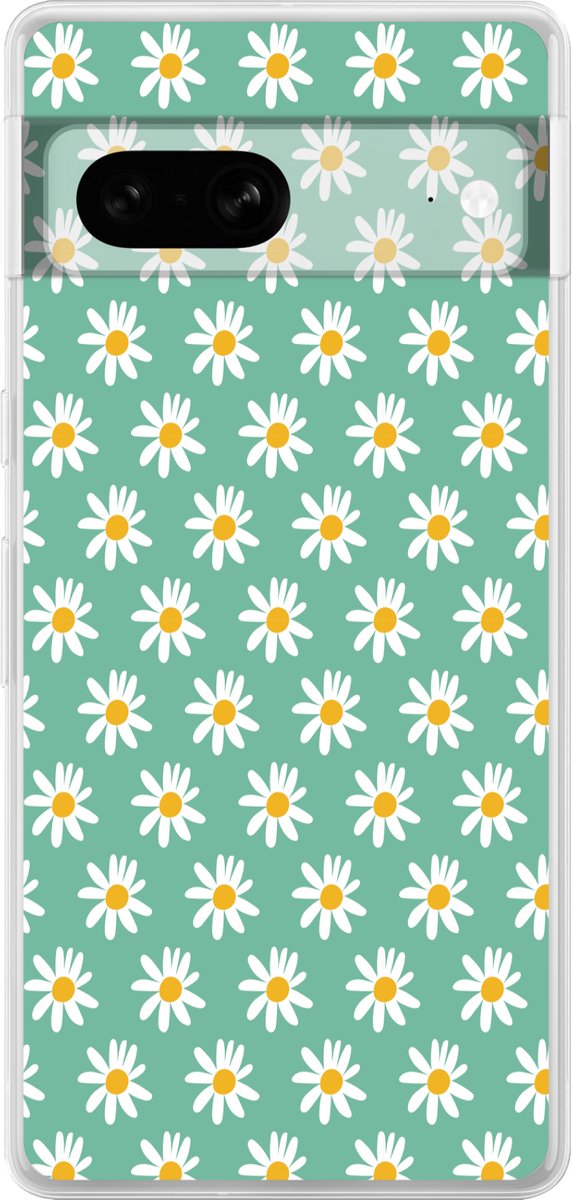 Telefoonhoesje Geschikt voor Google Pixel 7 hoesje - Madeliefjes - Patroon - Groen - Bloemen - Siliconen Telefoonhoesje Telefoonhoesje